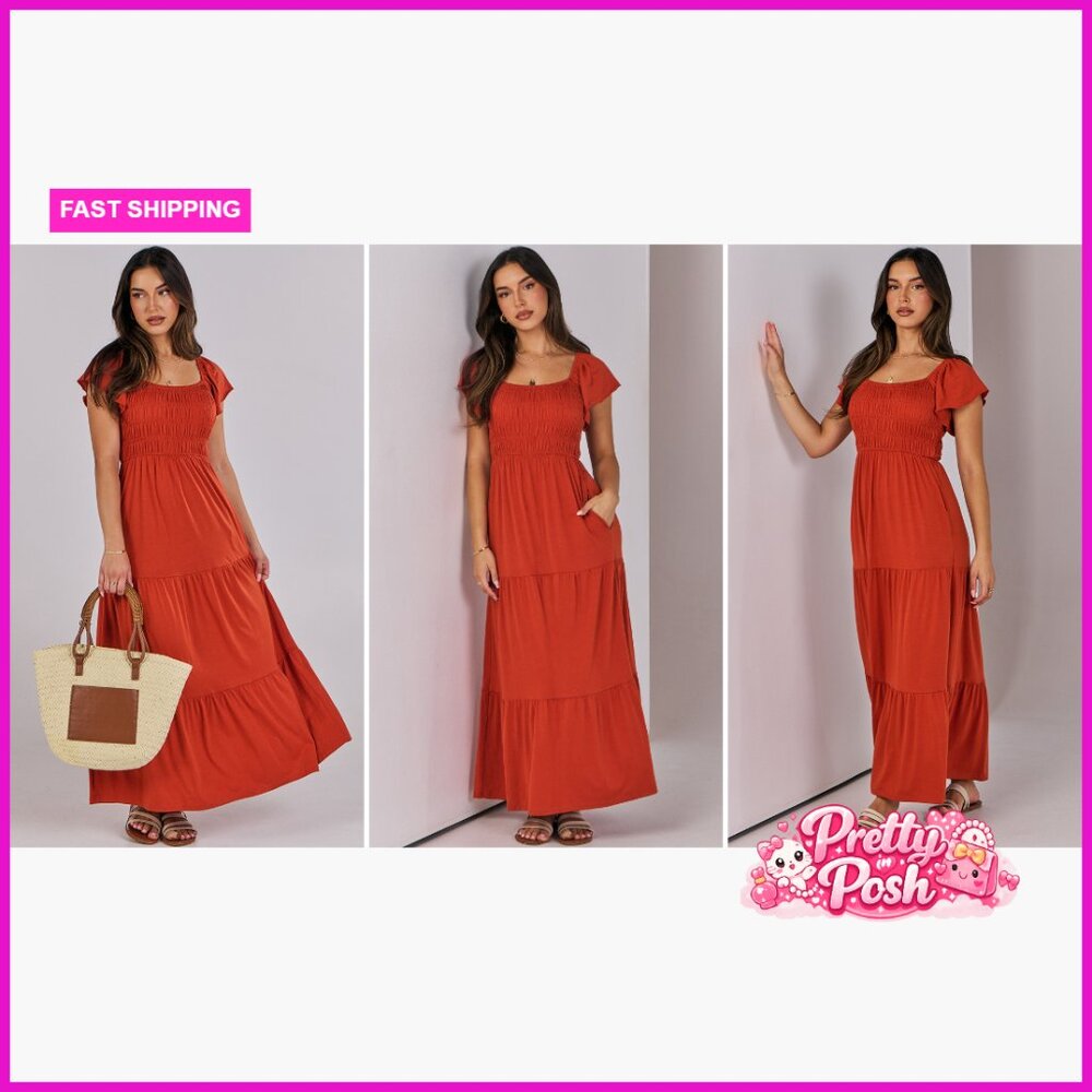 Polyester Elastane Maxi Dress Flutter Sleeve Smoc… - image 7